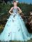 Deluxe Scoop Sleeveless Appliques Lace Up 15 Quinceanera Dress with Light Blue Brush Train