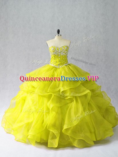 Designer Beading and Ruffles Sweet 16 Dresses Yellow Green Lace Up Sleeveless Floor Length - Click Image to Close