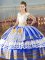 Blue And White Ball Gowns V-neck Sleeveless Satin Asymmetrical Lace Up Embroidery and Ruffled Layers Quinceanera Gowns