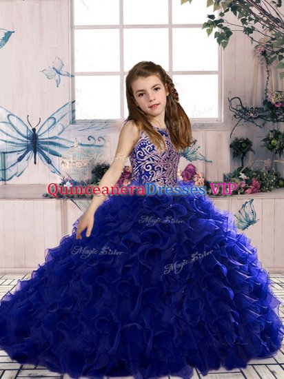 Royal Blue Lace Up Girls Pageant Dresses Beading and Ruffles Sleeveless Floor Length - Click Image to Close