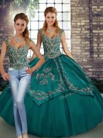 Ideal Teal Quinceanera Dress Military Ball and Sweet 16 and Quinceanera with Beading and Embroidery Straps Sleeveless Lace Up