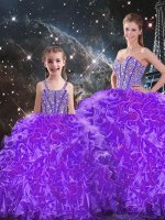 Top Selling Beading and Ruffles Ball Gown Prom Dress Eggplant Purple Lace Up Sleeveless Floor Length