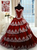Fabulous Sleeveless With Train Beading and Appliques and Ruffled Layers Lace Up 15th Birthday Dress with Wine Red Court Train
