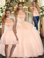 Lovely Organza Halter Top Sleeveless Backless Beading Sweet 16 Dresses in Peach