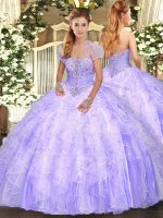 Sumptuous Appliques and Ruffles 15th Birthday Dress Lavender Lace Up Sleeveless Floor Length