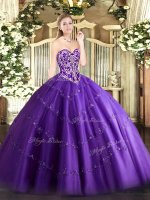 Affordable Purple Tulle Zipper Sweetheart Sleeveless Floor Length Sweet 16 Dress Beading and Appliques