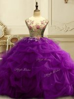 Fitting Sleeveless Appliques and Ruffles and Sequins Lace Up Quince Ball Gowns