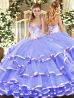 Fantastic Lavender Ball Gown Prom Dress Military Ball and Sweet 16 and Quinceanera with Beading and Ruffled Layers Sweetheart Sleeveless Lace Up