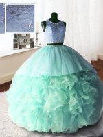 Scoop Apple Green Sleeveless Brush Train Beading and Lace and Ruffles With Train Quinceanera Dresses