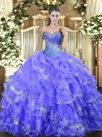 Charming Blue Quinceanera Dress Military Ball and Sweet 16 and Quinceanera with Beading and Ruffled Layers Sweetheart Sleeveless Lace Up