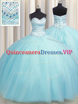 Pretty Bling-bling Big Puffy Sweetheart Sleeveless Lace Up Quinceanera Dress Aqua Blue Tulle