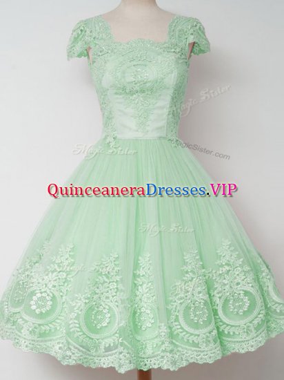 Dramatic Cap Sleeves Knee Length Lace Zipper Quinceanera Dama Dress with Apple Green - Click Image to Close