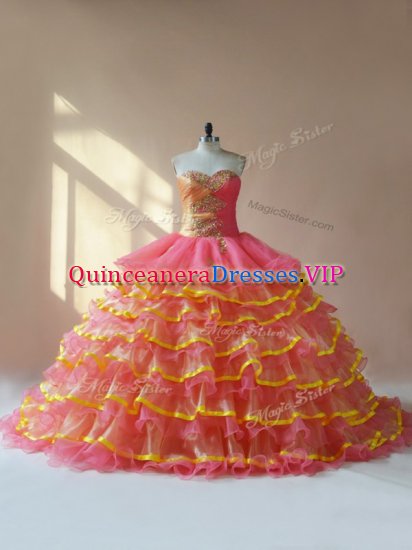 Spectacular Pink Ball Gowns Beading and Ruching Vestidos de Quinceanera Lace Up Organza Sleeveless - Click Image to Close
