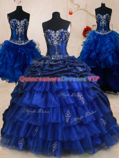Four Piece Royal Blue Lace Up Sweetheart Beading and Ruffled Layers and Pick Ups Ball Gown Prom Dress Organza and Taffeta Sleeveless Brush Train - Click Image to Close