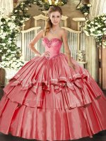 Coral Red Lace Up Quinceanera Gowns Beading and Ruffled Layers Sleeveless Floor Length