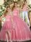 Sleeveless Tulle Floor Length Lace Up Sweet 16 Dress in Watermelon Red with Appliques