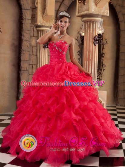 Sweet Strapless Coral Red Ball Gown Sweetheart Floor-length Ruffles and Beading Organza Quinceanera Dress - Click Image to Close