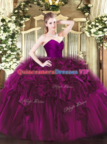 Floor Length Zipper 15 Quinceanera Dress Fuchsia for Military Ball and Sweet 16 and Quinceanera with Ruffles - Click Image to Close