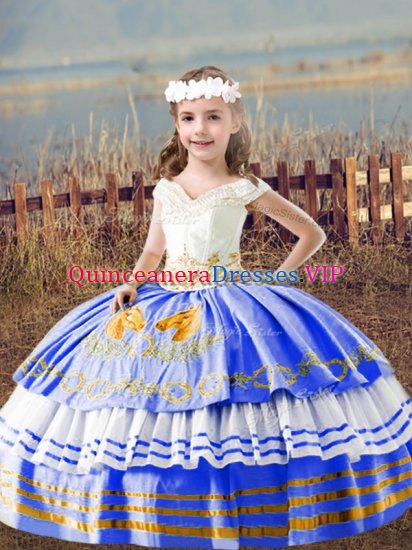 High Class Off The Shoulder Sleeveless Lace Up Little Girls Pageant Dress Blue Satin - Click Image to Close