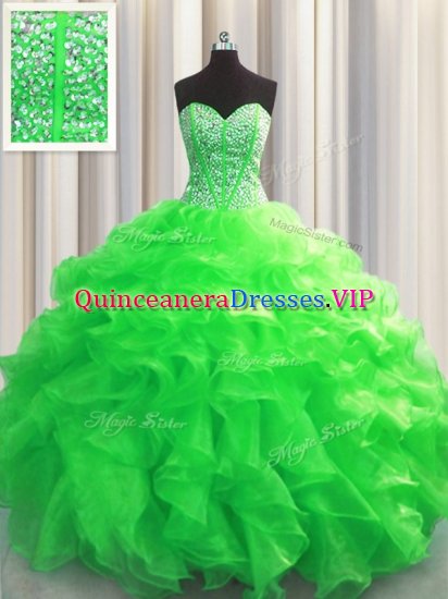 Visible Boning Green Sleeveless Organza Lace Up Ball Gown Prom Dress for Military Ball and Sweet 16 and Quinceanera - Click Image to Close