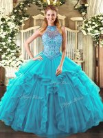Discount Teal Halter Top Lace Up Beading and Ruffles Quinceanera Gowns Sleeveless(SKU SJQDDT1147002-3BIZ)