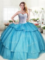 Tulle Sweetheart Sleeveless Lace Up Beading and Ruffled Layers Quinceanera Dresses in Aqua Blue