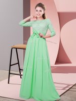 Apple Green Chiffon Side Zipper Quinceanera Court Dresses 3 4 Length Sleeve Floor Length Lace and Belt