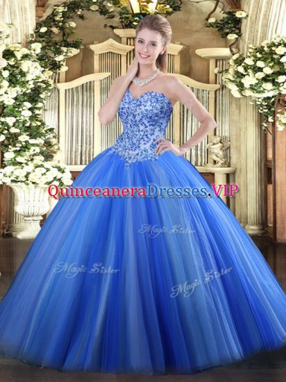 Fantastic Blue Ball Gowns Tulle Sweetheart Sleeveless Appliques Lace Up 15th Birthday Dress - Click Image to Close