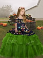 Unique Green Ball Gowns Tulle Straps Sleeveless Embroidery Floor Length Lace Up Little Girl Pageant Dress