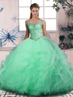 Apple Green Sleeveless Tulle Lace Up Quince Ball Gowns for Sweet 16 and Quinceanera