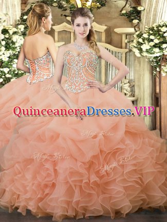 Peach Sweetheart Neckline Beading and Ruffles and Pick Ups Quince Ball Gowns Sleeveless Lace Up
