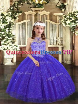 Royal Blue Ball Gowns Tulle Halter Top Sleeveless Beading Floor Length Lace Up Kids Formal Wear