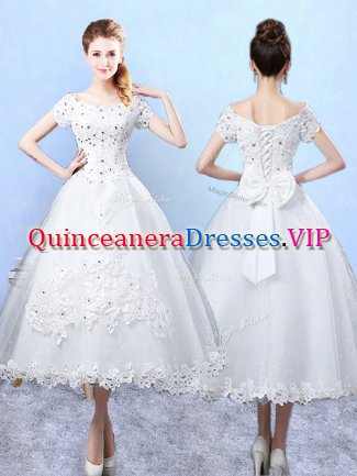 Simple White Quinceanera Court of Honor Dress Prom and Party and Wedding Party with Beading and Lace and Bowknot Scoop Short Sleeves Lace Up