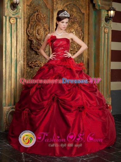 Nagua Dominican Republic Gorgeous Wine Red Pick-ups and Hand Made Flowers Ruched Bodice For Quinceanera Dress - Click Image to Close