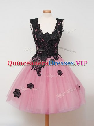 Stylish Straps Sleeveless Dama Dress Knee Length Lace Pink Tulle
