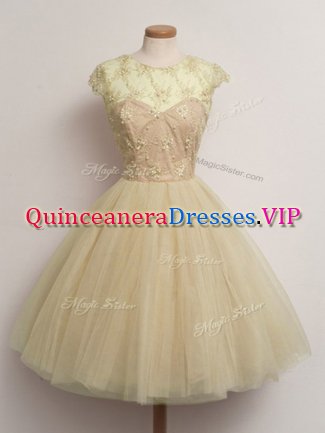 Ideal Ball Gowns Vestidos de Damas Champagne Scoop Tulle Cap Sleeves Knee Length Lace Up