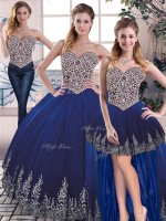 Floor Length Royal Blue Quince Ball Gowns Tulle Sleeveless Embroidery