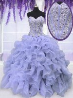 Sleeveless Organza Floor Length Lace Up Vestidos de Quinceanera in Lavender with Beading and Ruffles