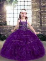 Eggplant Purple Ball Gowns Beading and Ruffles Little Girl Pageant Dress Lace Up Organza Sleeveless Floor Length(SKU PAG1249-2BIZ)
