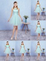 Dynamic Mini Length A-line Cap Sleeves Aqua Blue Dama Dress Lace Up