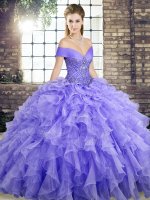 Lavender Organza Lace Up Quinceanera Gown Sleeveless Brush Train Beading and Ruffles