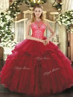 Super Wine Red Sleeveless Floor Length Ruffles Lace Up Ball Gown Prom Dress
