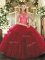 Super Wine Red Sleeveless Floor Length Ruffles Lace Up Ball Gown Prom Dress