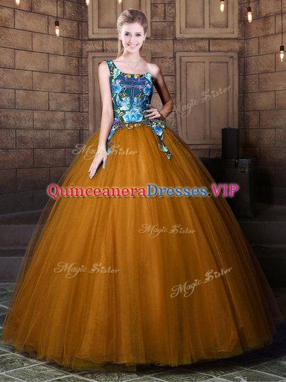 One Shoulder Sleeveless Floor Length Pattern Lace Up Vestidos de Quinceanera with Brown - Click Image to Close