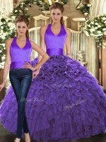Fancy Purple Organza Lace Up Halter Top Sleeveless Floor Length Quince Ball Gowns Ruffles