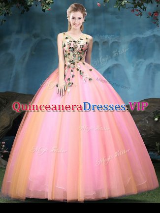Ideal Sleeveless Floor Length Appliques Lace Up Sweet 16 Dresses with Multi-color