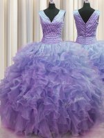 V Neck Zipper Up Lavender Ball Gowns Ruffles Quinceanera Dress Zipper Organza Sleeveless Floor Length