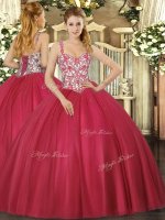 Coral Red Quinceanera Gown Sweet 16 and Quinceanera with Beading and Appliques Straps Sleeveless Lace Up