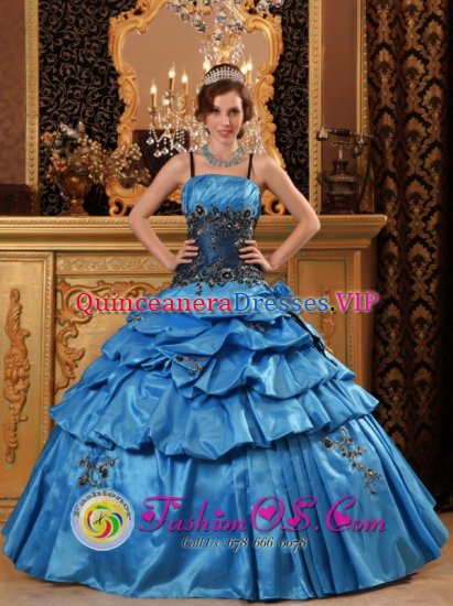 La Romana Dominican Republic Ball Gown Lovely Blue Pick-ups Quinceanera Dress With Straps Taffeta Appliques In Oklahoma - Click Image to Close
