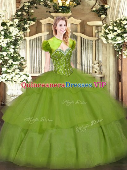 Glorious Olive Green Sleeveless Beading and Ruffled Layers Floor Length 15th Birthday Dress - Click Image to Close